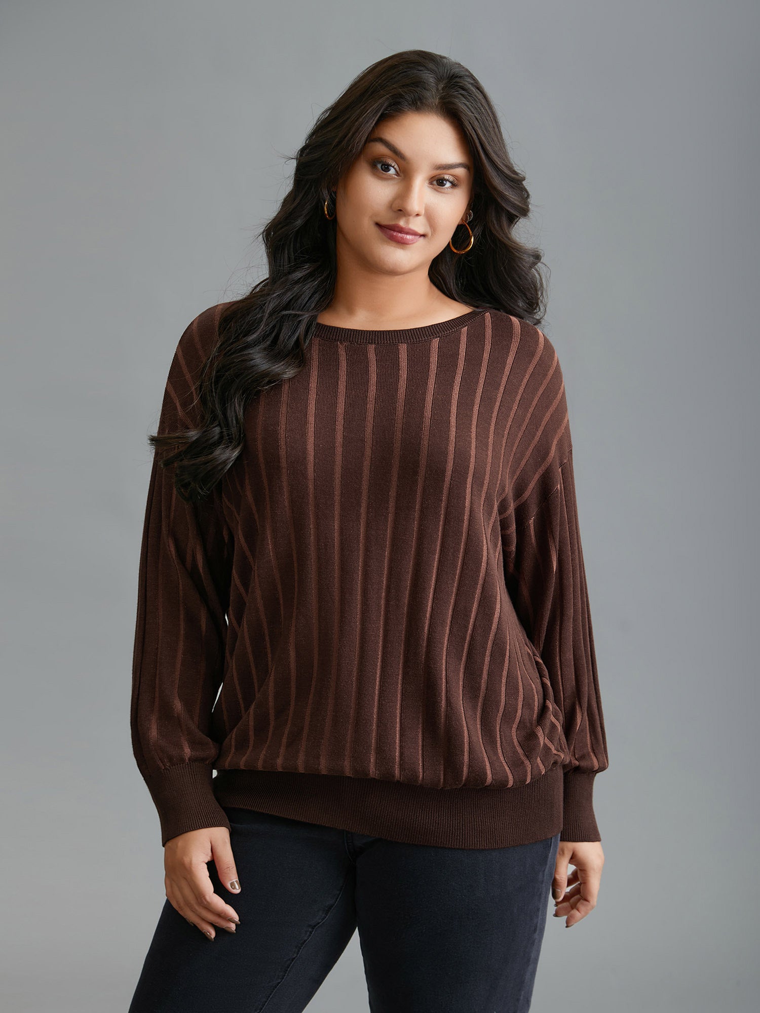 Textured Ribbed Hem Round Neck Pullover