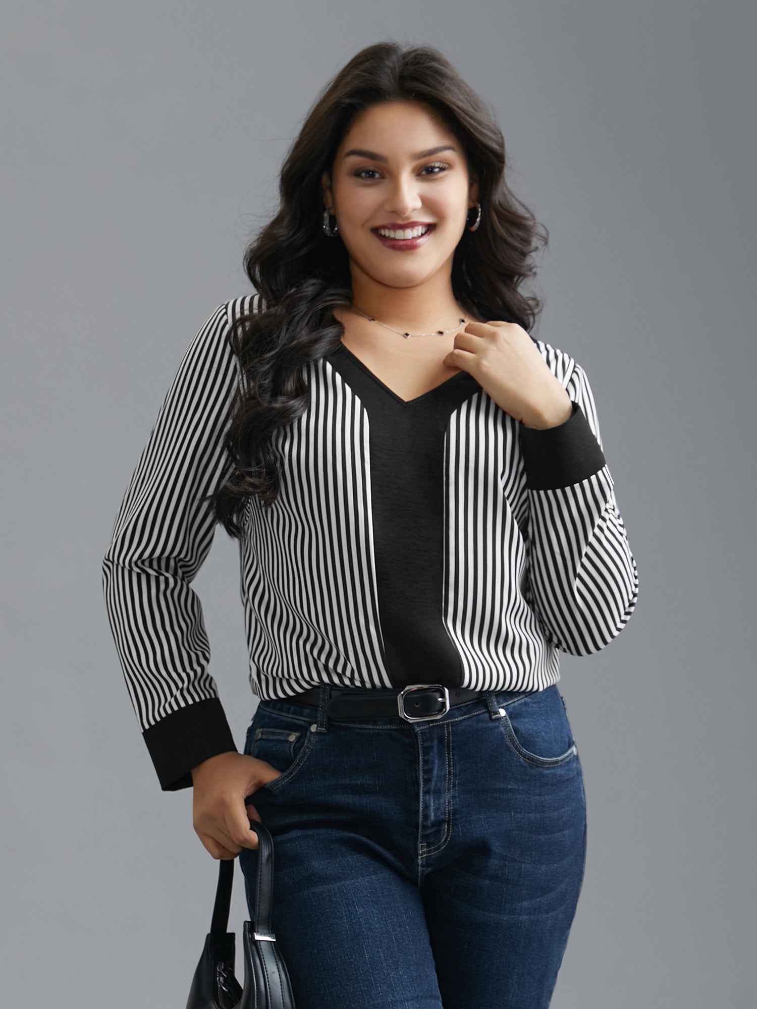V Neck Striped Patchwork Blouse
