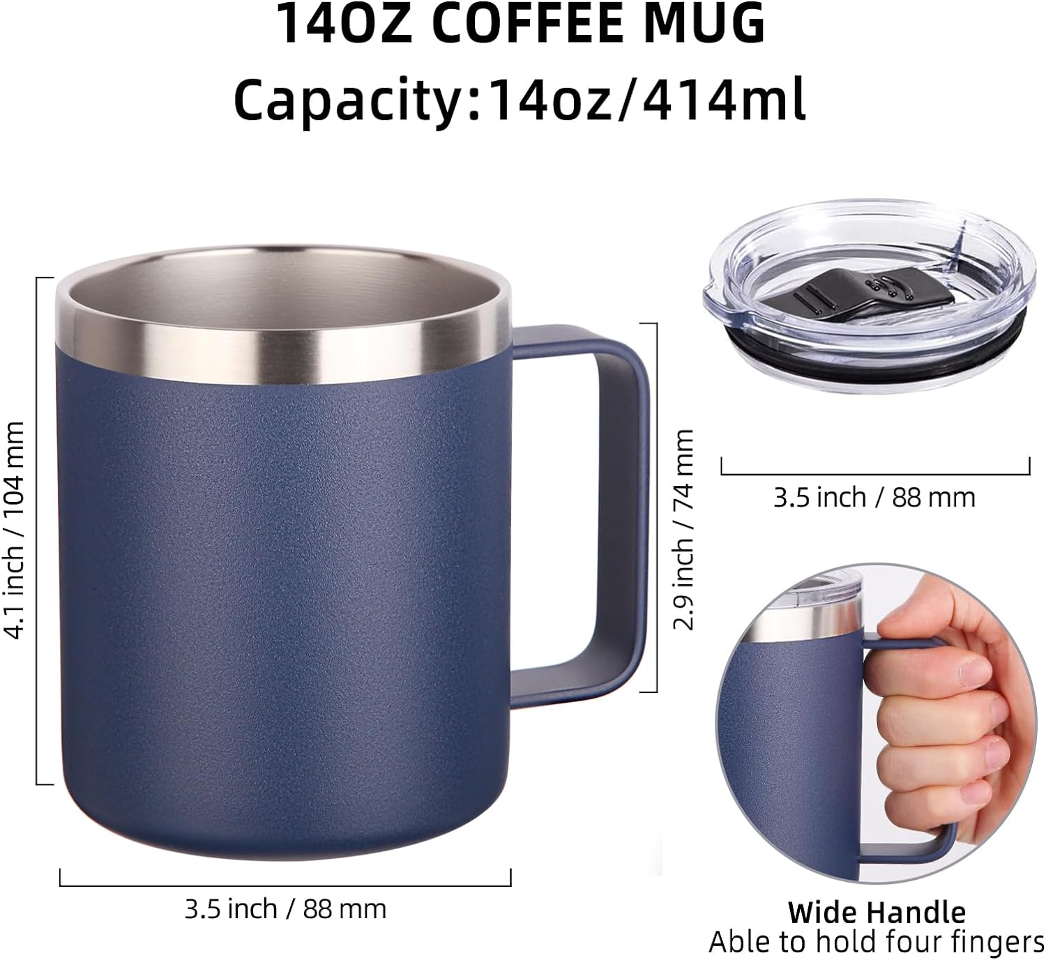 Volhoply 14oz Insulated Stainless Steel Coffee Mug with Leakproof Lid,Double Wall Vacuum Travel Coffee Cup with Handle,Reusable Metal Tumbler,Camping Mugs Keep Hot/Cold,Christmas Gifts(Black,1