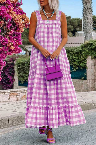 Casual Spaghetti Straps Printed Beach Plaid Maxi Dress