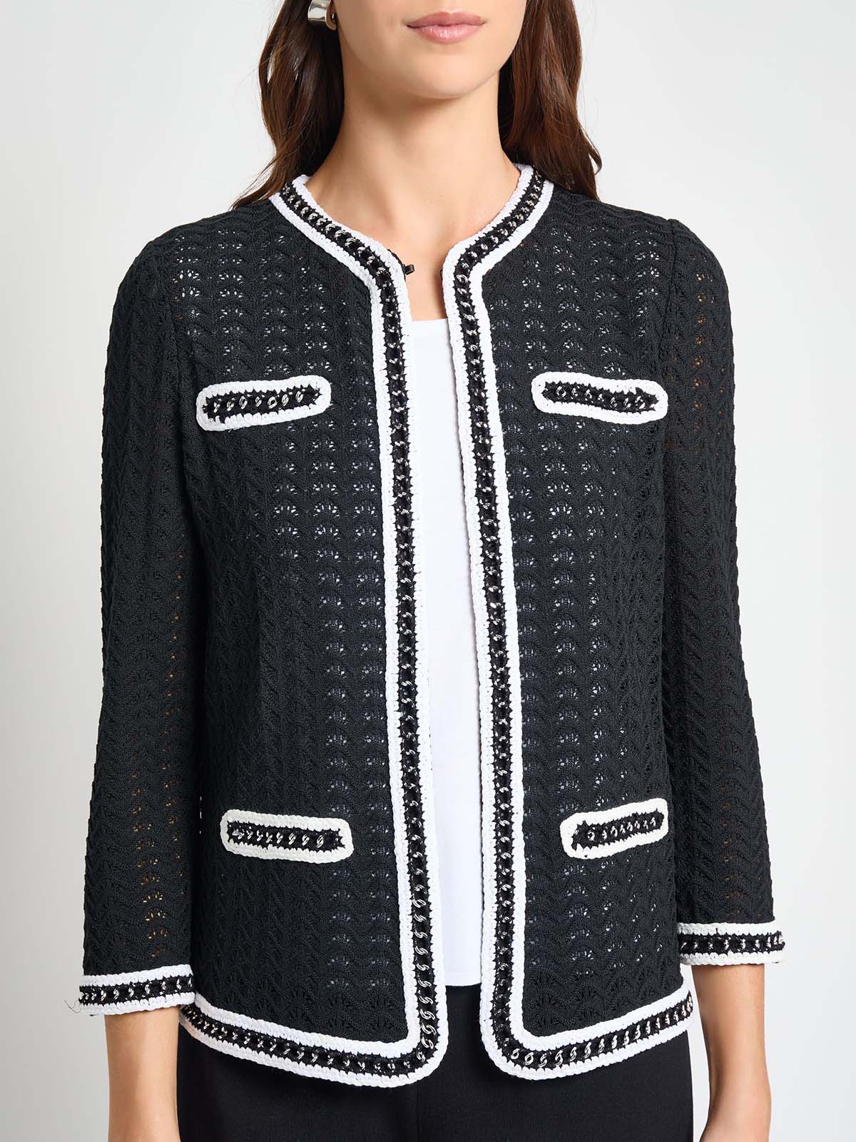 Heritage Chain Trim Pointelle Open Knit Jacket - True Fit