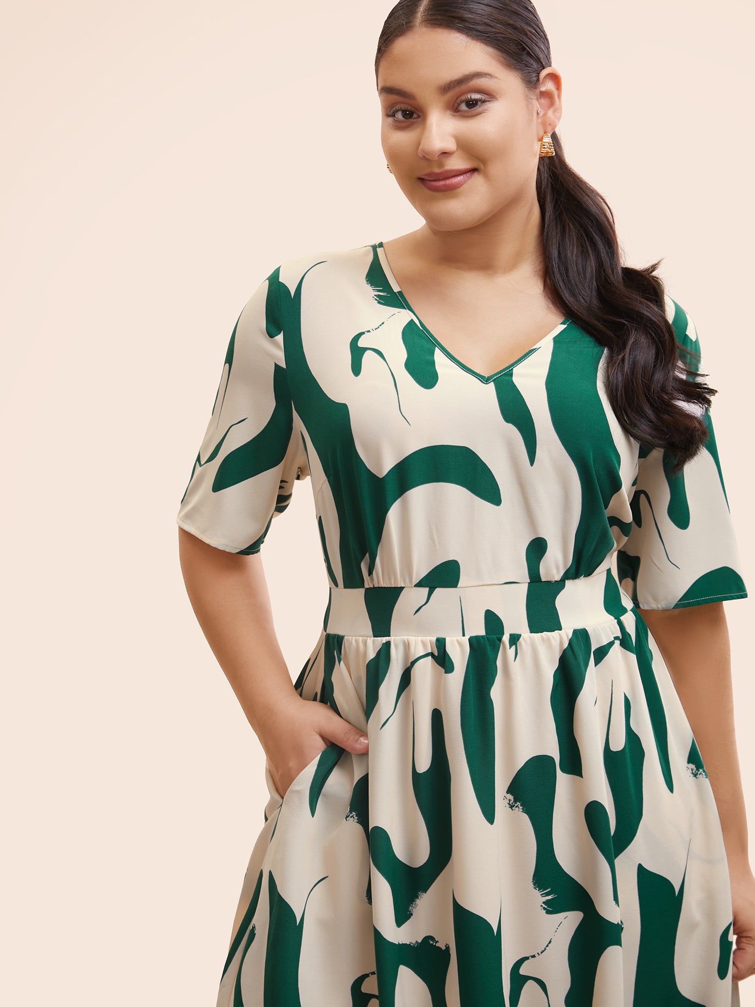 Geometric Print Shirred Gathered Dress