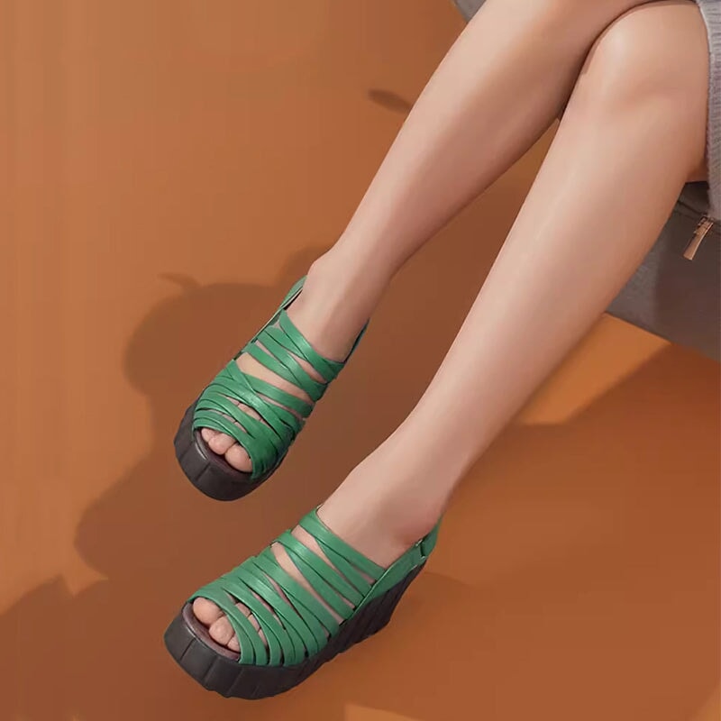 Woven Leather Gladiator Sandals For Women 90mm Platform Slingback High Heels in Black/Green/Beige