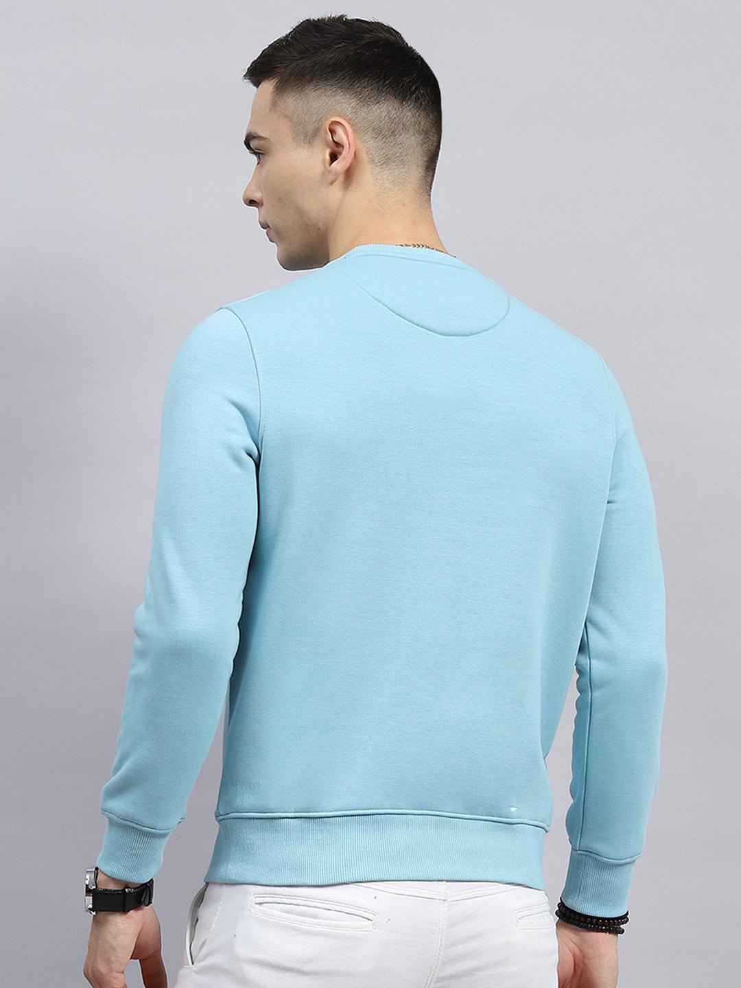 Men Sky Blue Printed Round Neck Full Sleeve Sweatshirt