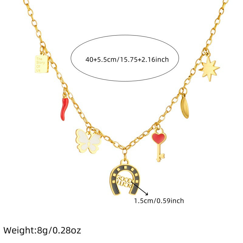 Personalized Hollow Round Plate Epoxy Elephant Sweater Chain Stainless Steel Color-Preserving Accessories Goldfish Pendant Necklace