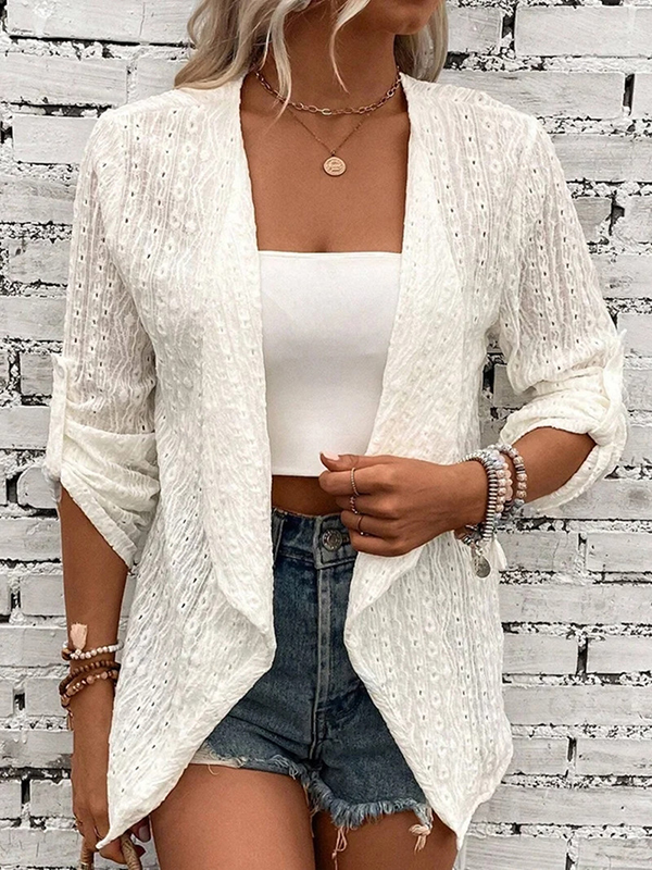 Long Sleeves Loose Buttoned Hollow Jacquard Solid Color Collarless Outerwear
