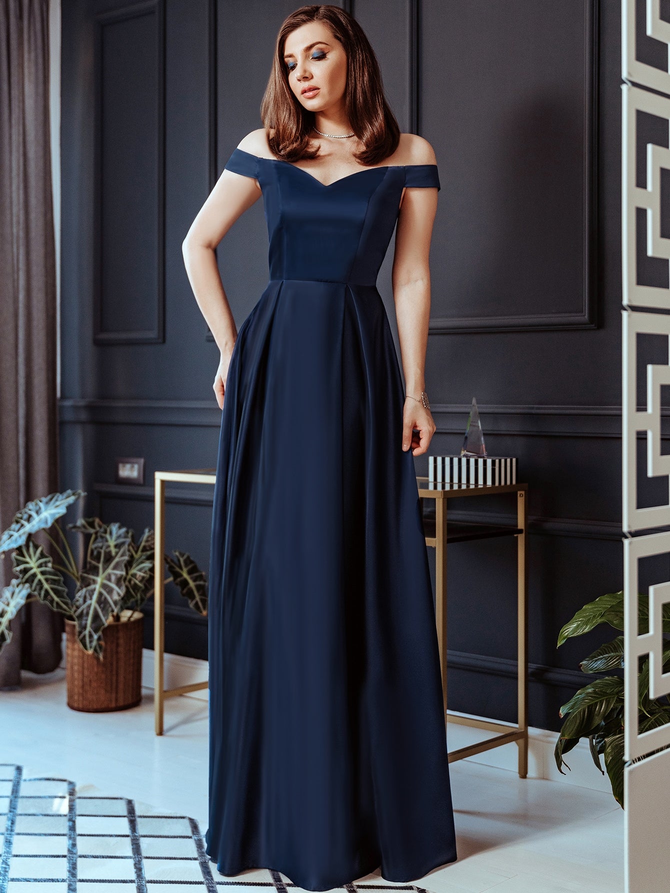 Parien Off Shoulder Boxy Pleated Silk Prom Dress( Clearance sale