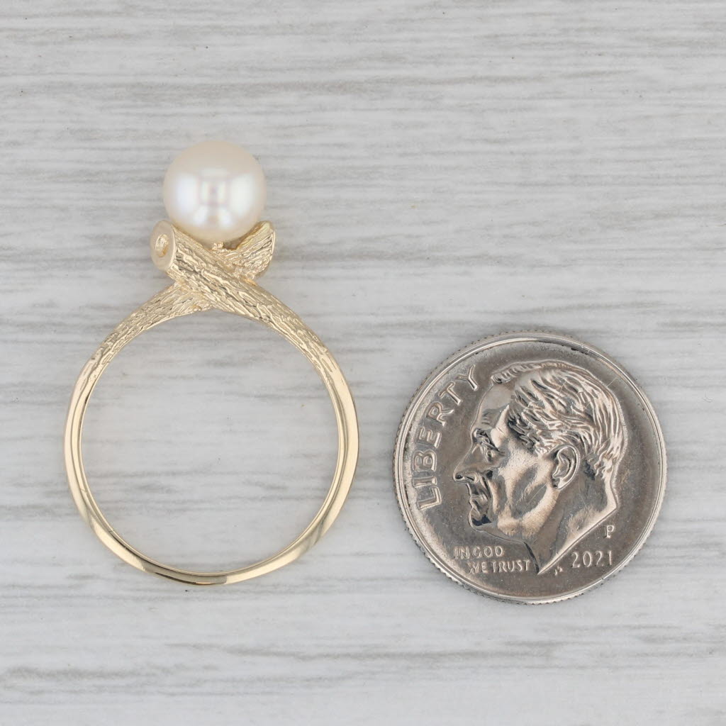 Cultured Pearl Solitaire Ring 10k Yellow Gold Size 6.25 Woodgrain Etched Band