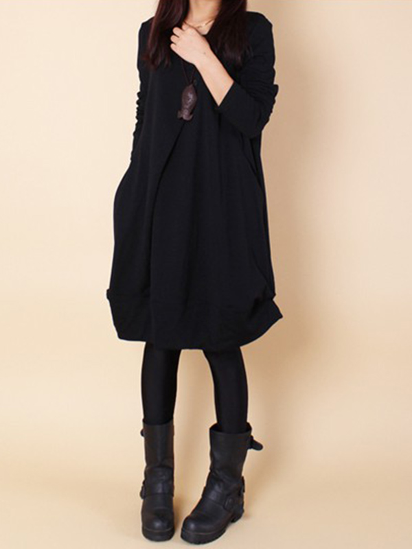 A-line Long Sleeves Pleated Solid Color Round-neck Dresses Maxi Dresses