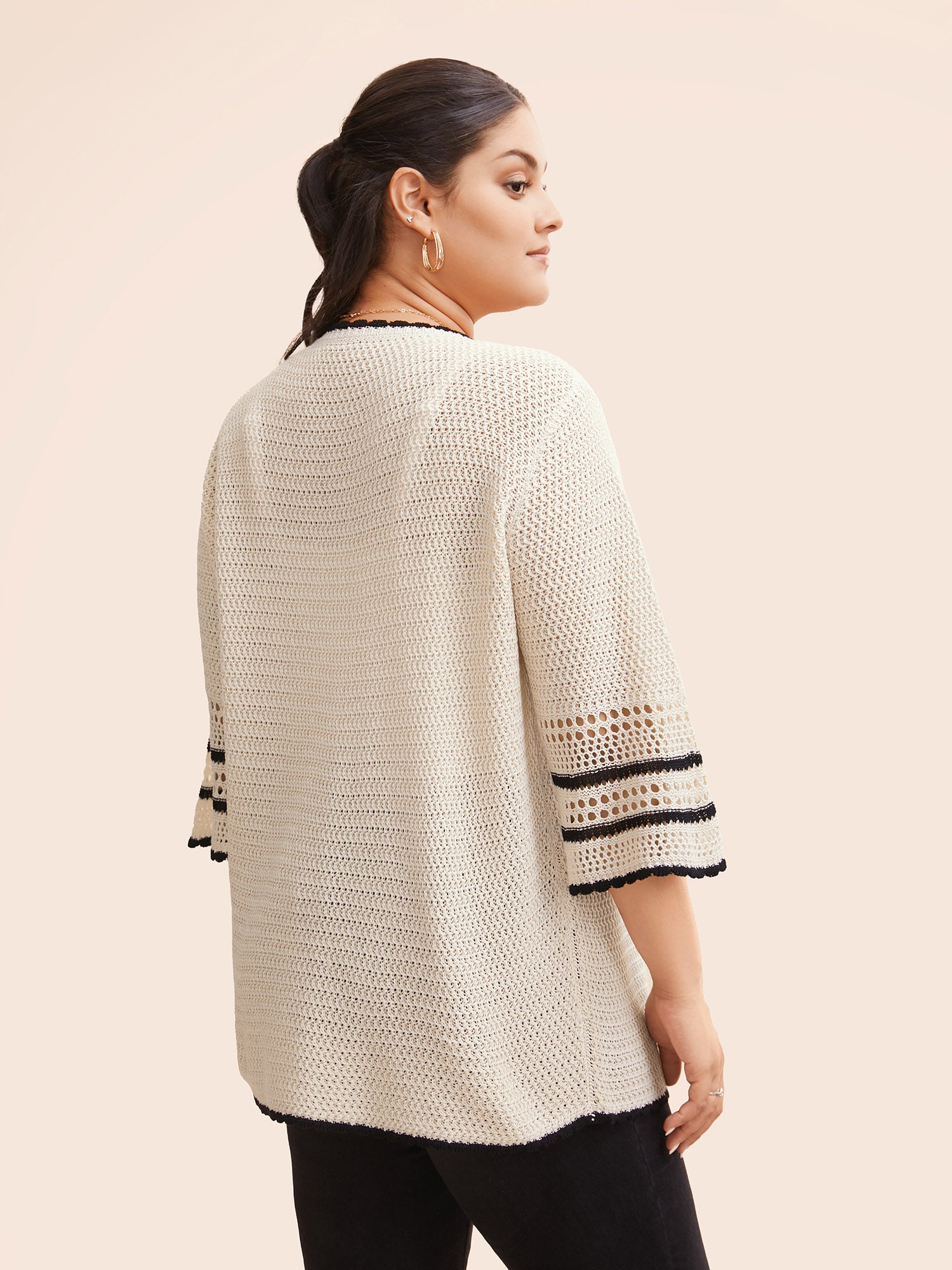 Solid Contrast Trim Bell Sleeve Cardigan