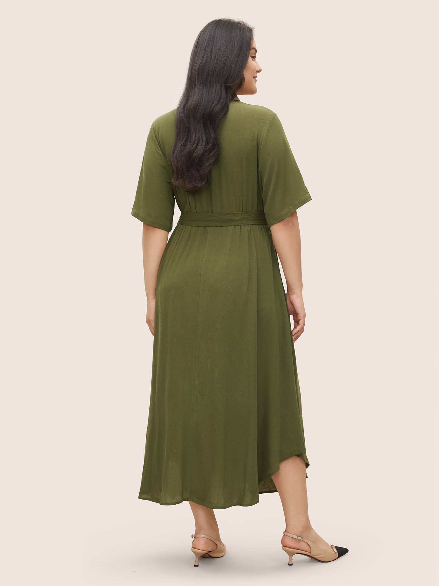 Solid Button Pocket Shirt Collar Belted Maxi Dress