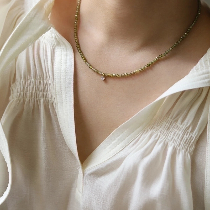 304 Stainless Steel Beaded 18K Gold Plated Minimalist Commute Inlay Round Zircon Pendant Necklace