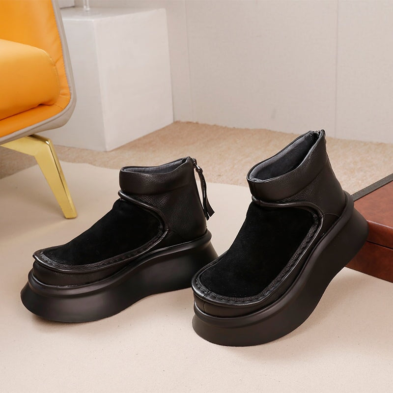 Retro Genuine Leather Platform Short Boots For Women Round Toe in Black/Brown