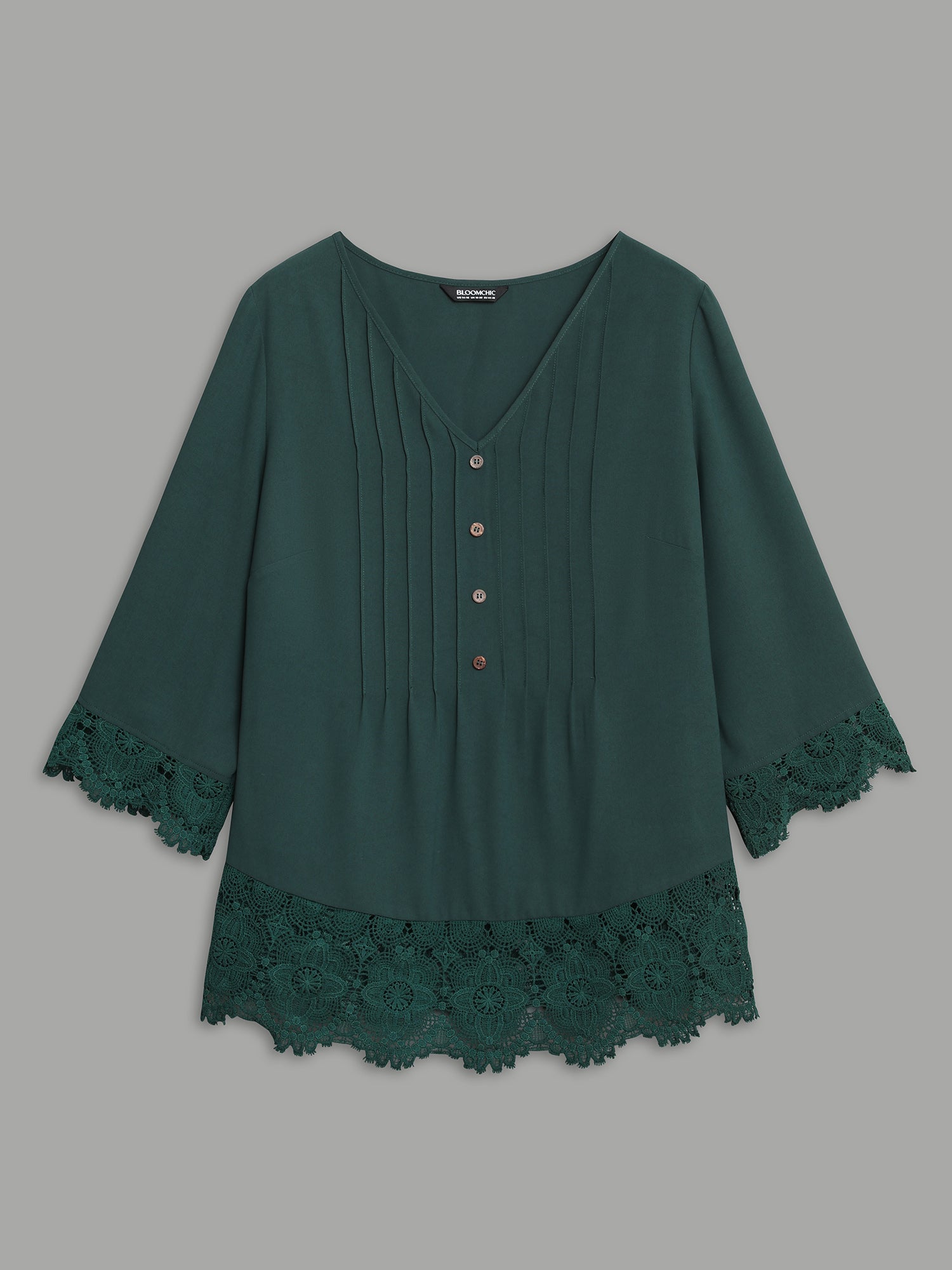 V Neck Plicated Detail Contrast Lace Blouse