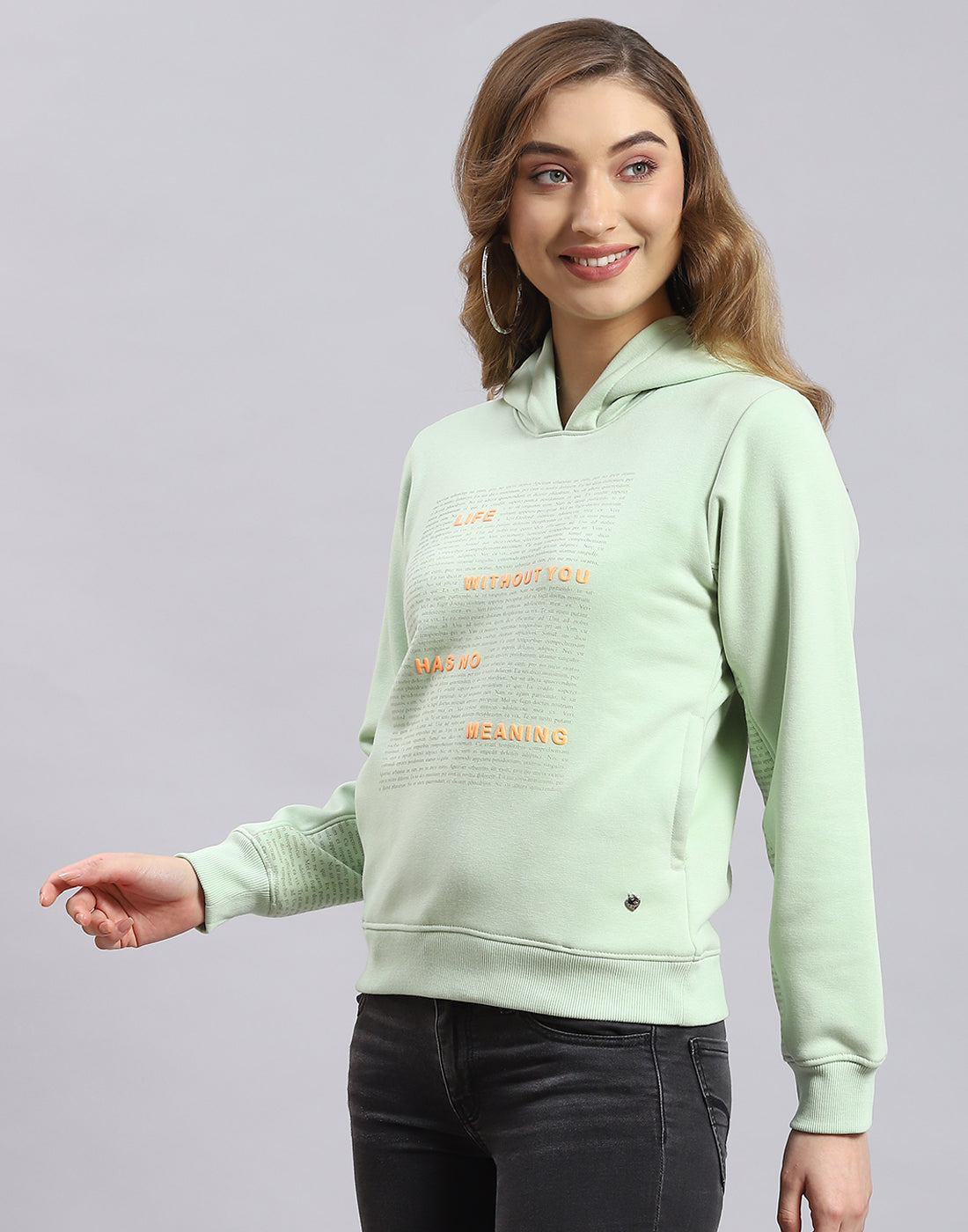 Women Green Printed Hooded Full Sleeve Sweatshirt