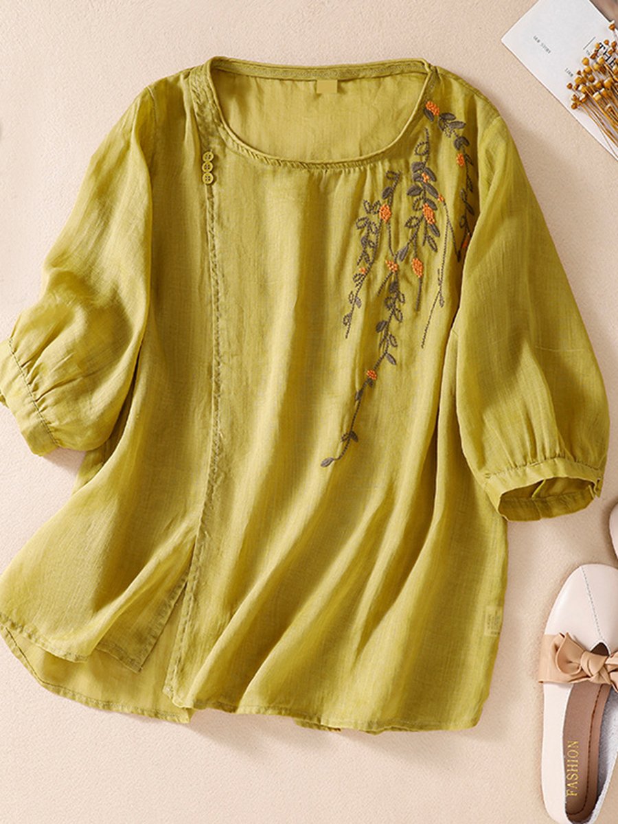 Embroidered Art Cotton And Linen Loose Pullover Top