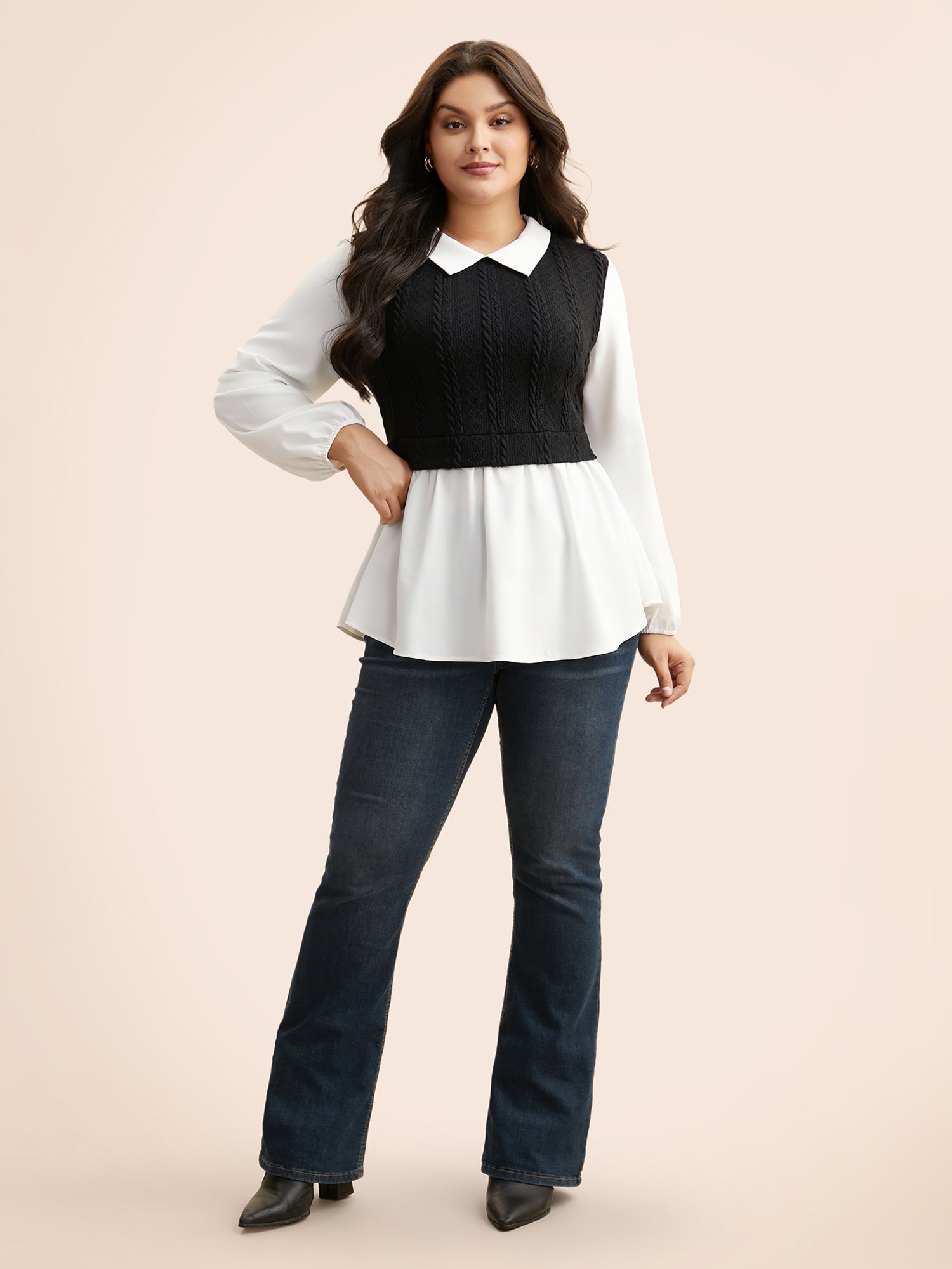 Peter Pan Collar Patchwork Contrast Blouse