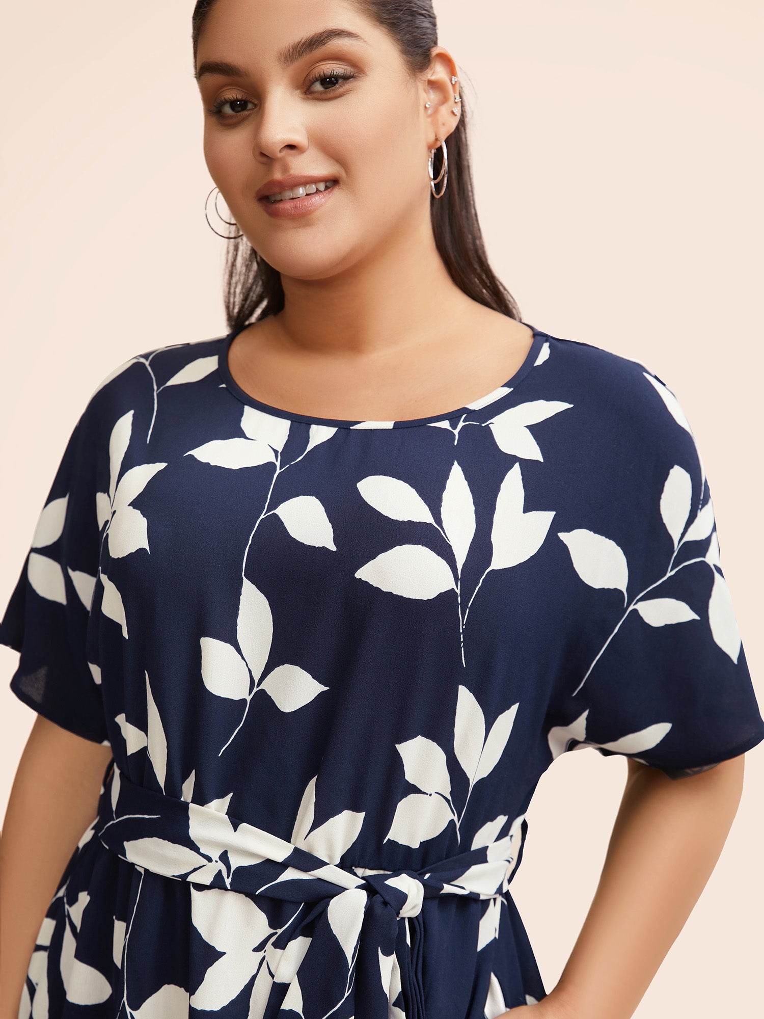 Leaf Print Pocket Belted Dress