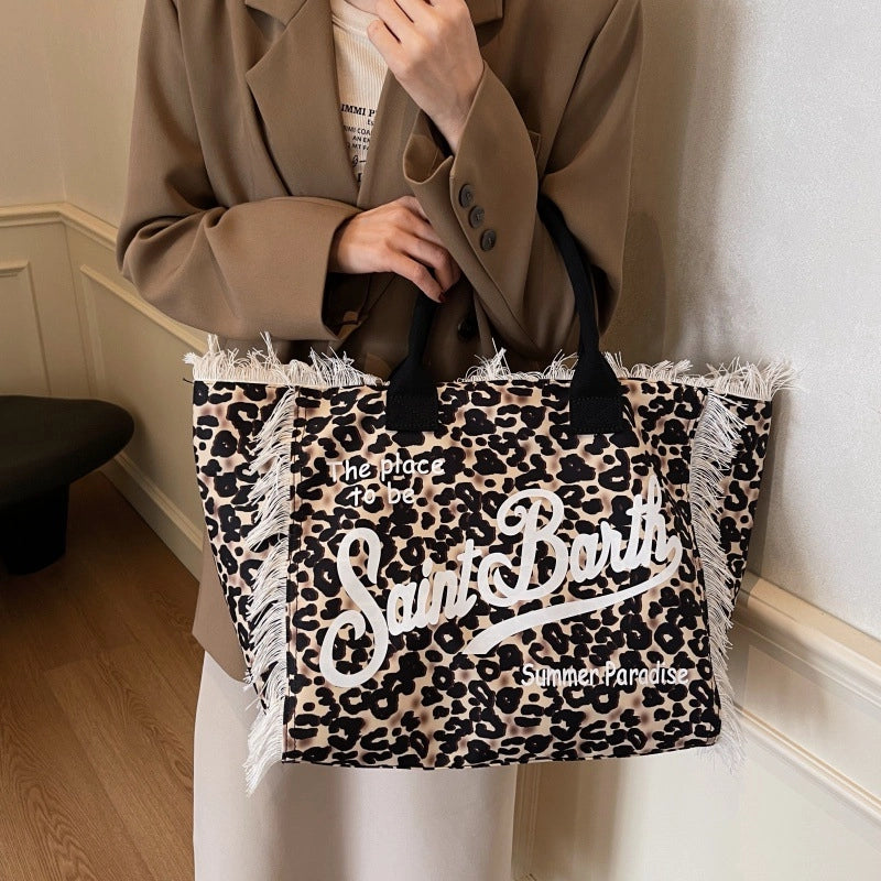 Women's Cloth Letter Leopard Streetwear Tassel Square Open Tote Bag