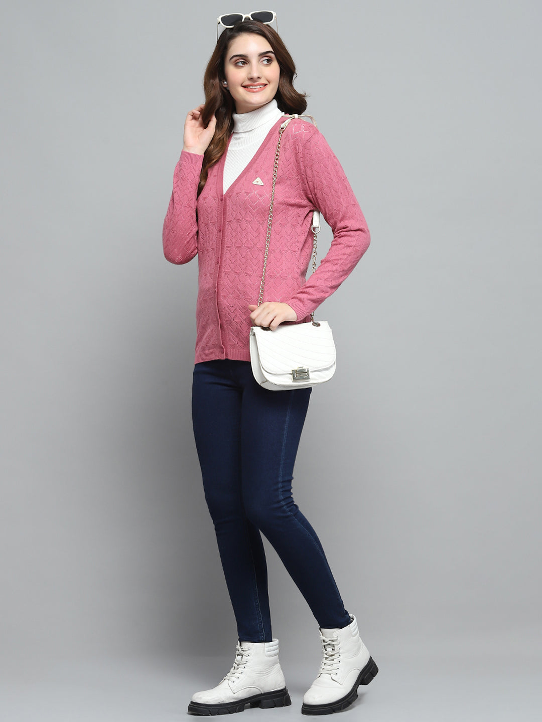 Women Pink Self Design V Neck Full Sleeve Cardigan