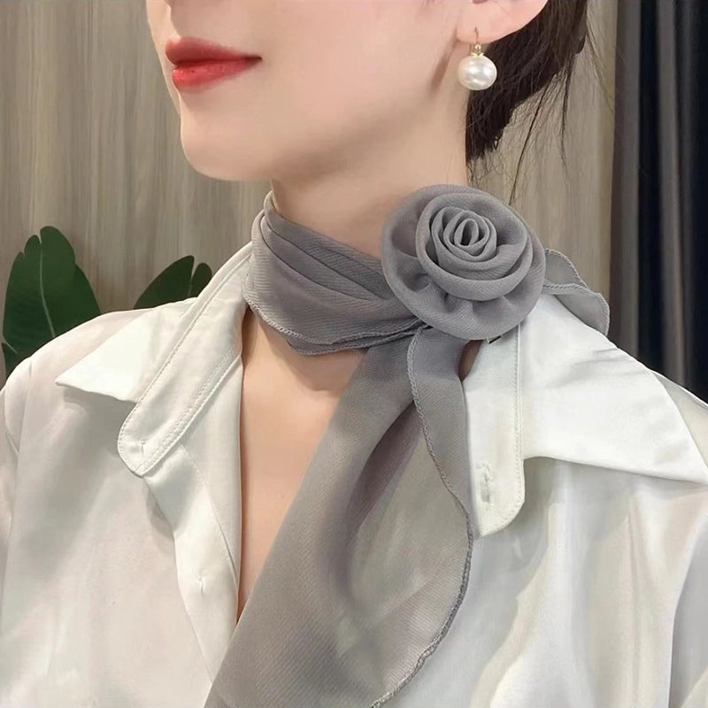Women's Elegant Solid Color Flower Satin Silk Scarf