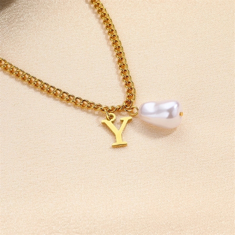 304 Stainless Steel Titanium Steel IG Style Minimalist Pearl Letter Pendant Necklace