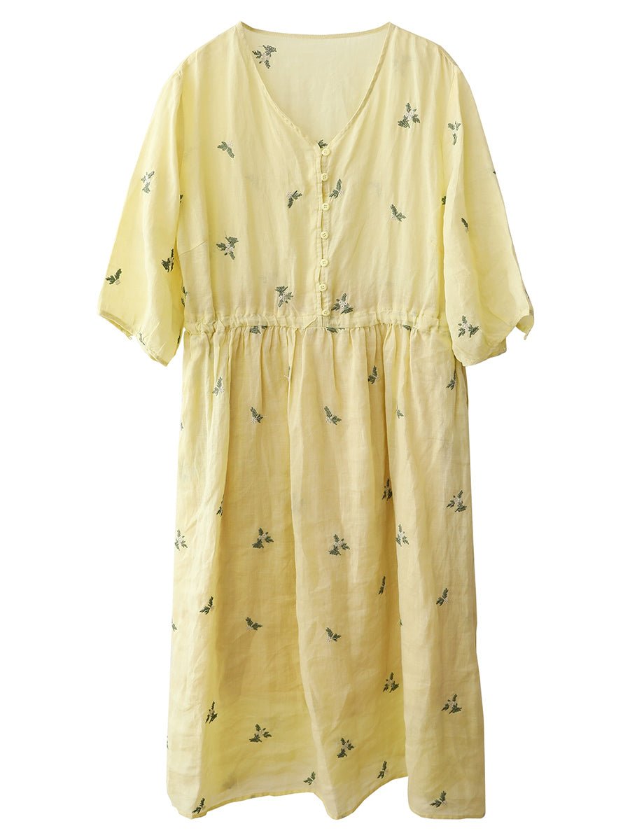 Women Summer Artsy Flower V-Neck 100%Ramie Dress