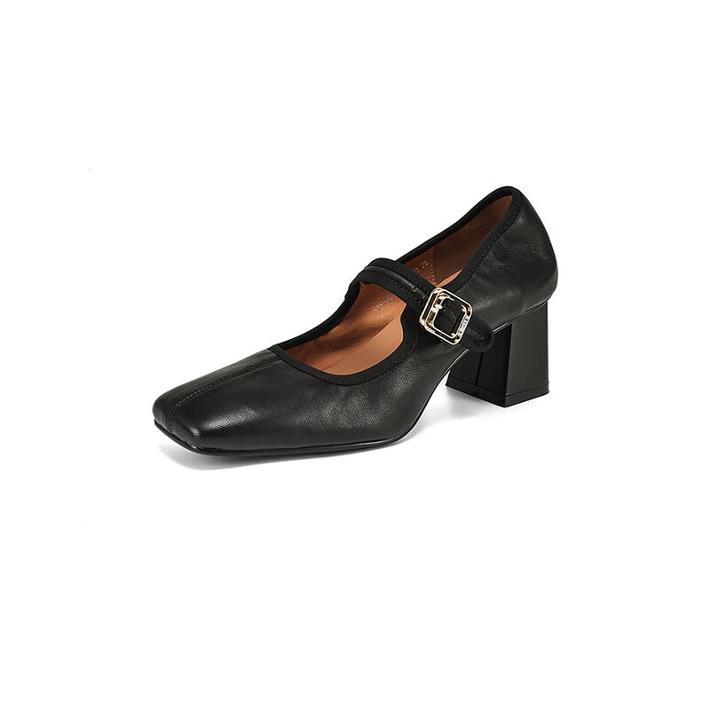 Vintage Sheepskin Square Toe 60mm Block Heel Mary Jane in Black/Wine Red