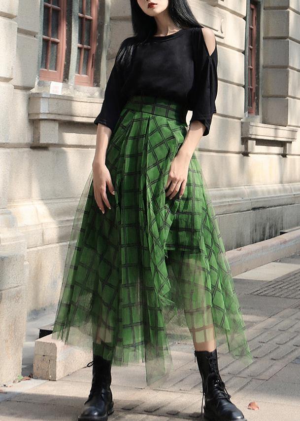 Boho Green Plaid tulle asymmetrical design Skirt Summer