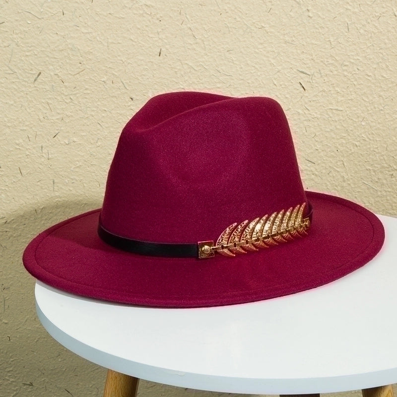 Unisex Retro Classic Style Leaves Solid Color Belt Buckle Wide Eaves Fedora Hat