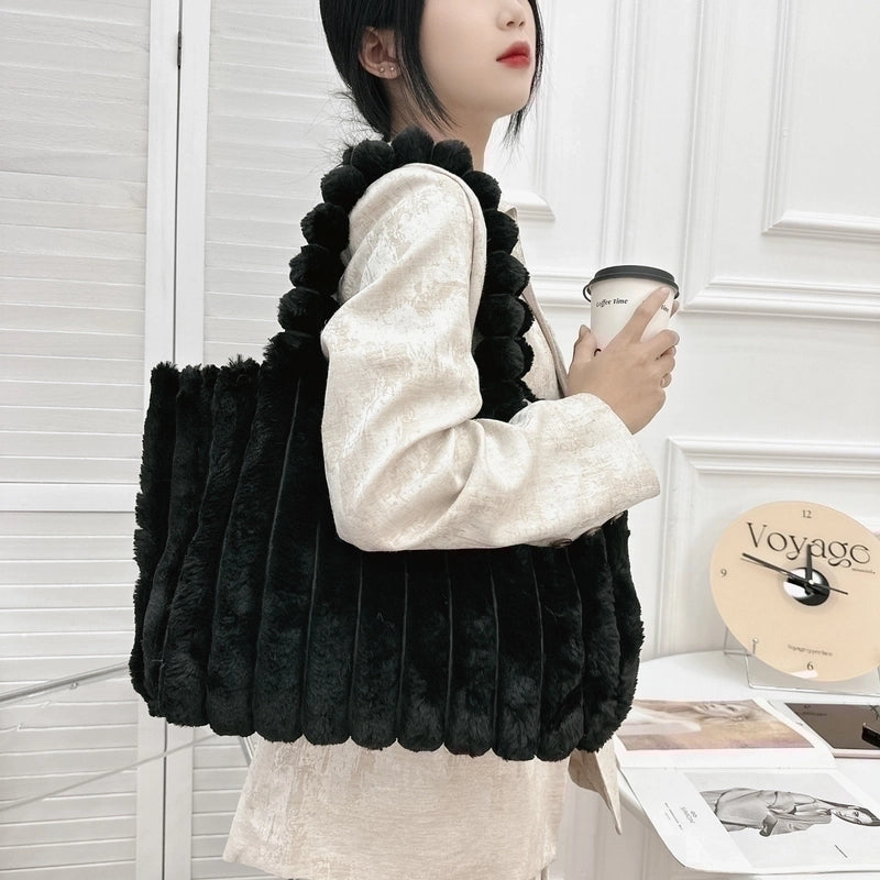 Women's Large Autumn&winter Plush Solid Color Basic Square Magnetic Buckle Shoulder Bag Tote Bag