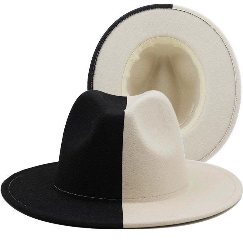 Yin And Yang Color Matching Woolen Felt Hat Autumn And Winter Party Fashion Flat-brimmed Jazz Hat