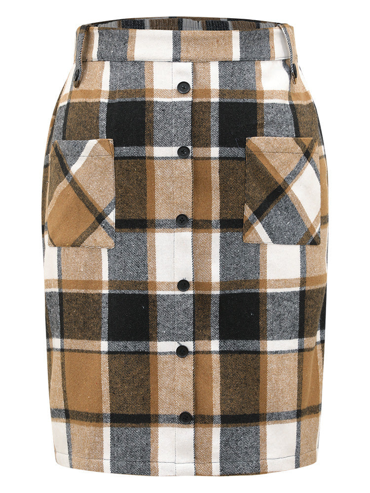 Plaid Button Detail Patched Pocket Skirt
