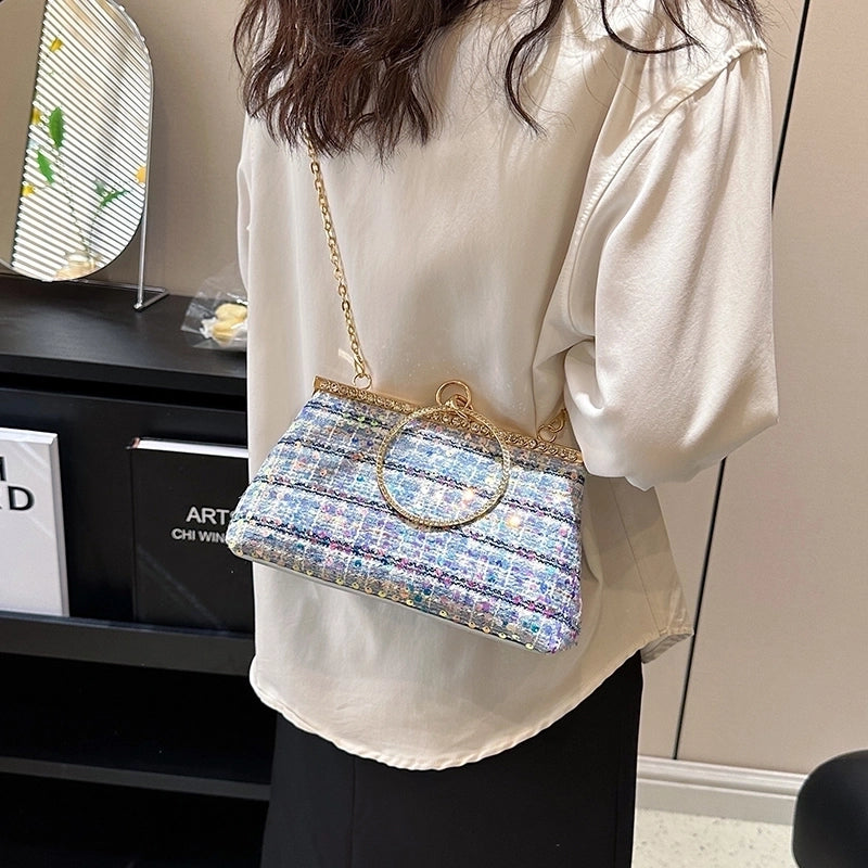 White Pink Blue Woven Fabric Solid Color Shell Sequins Evening Bags