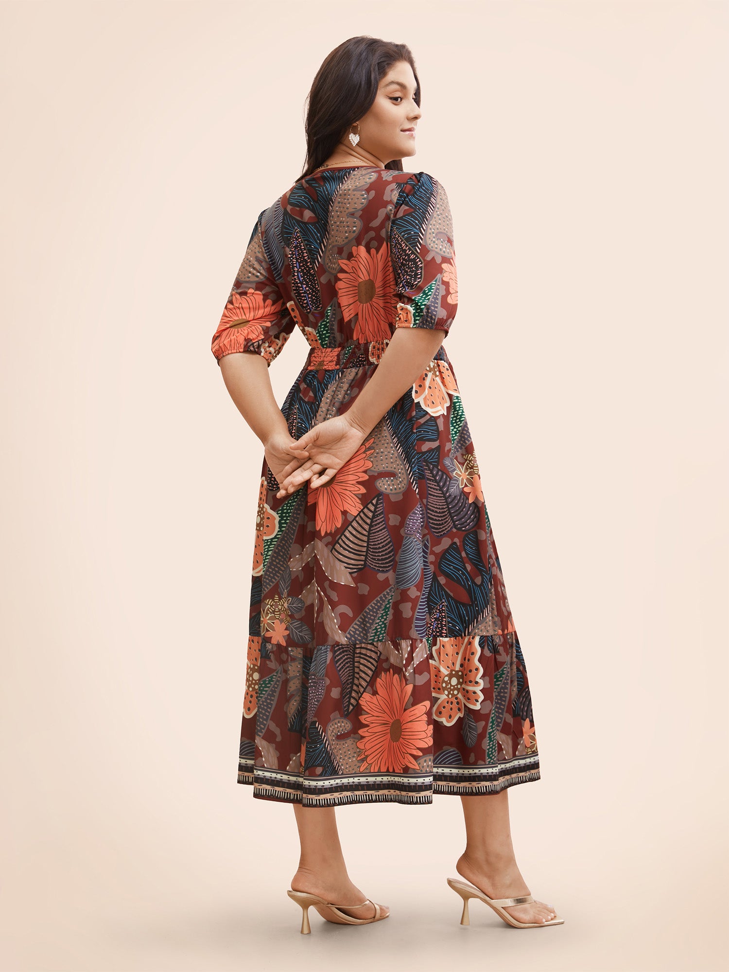 Floral Shirred Lantern Sleeve Midi Dress