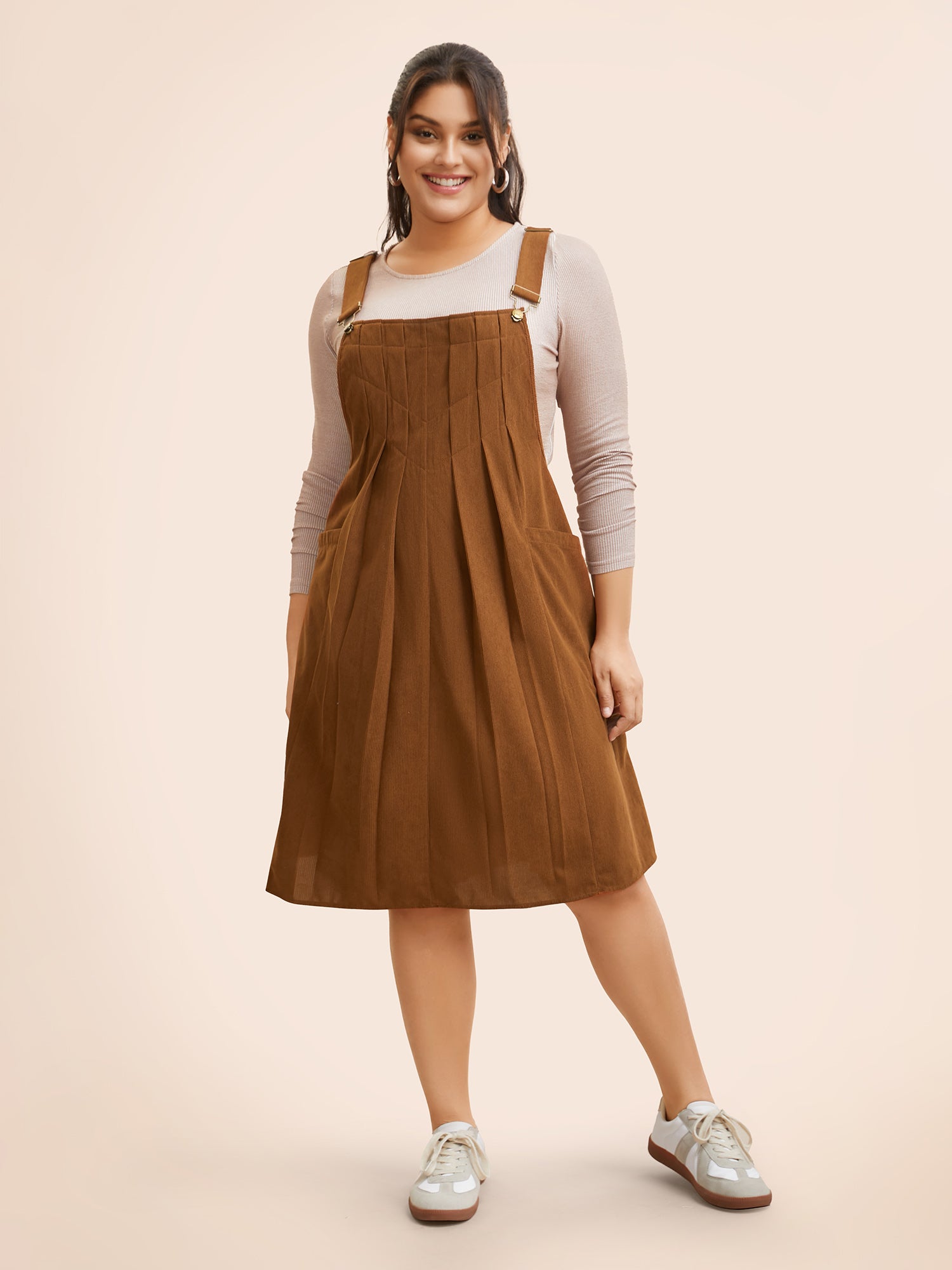 Solid Corduroy Pleated Overall Dress