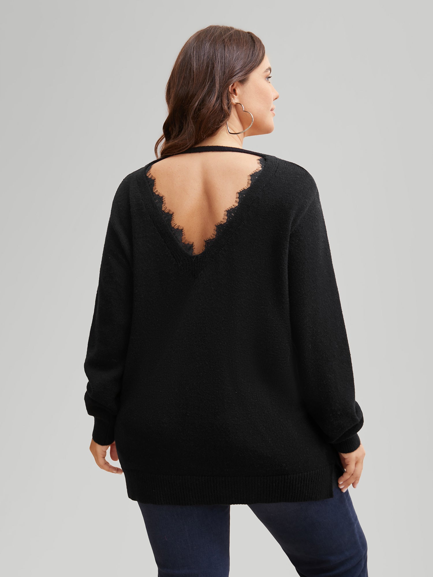 V Neck Lace Patchwork Backless Pullover