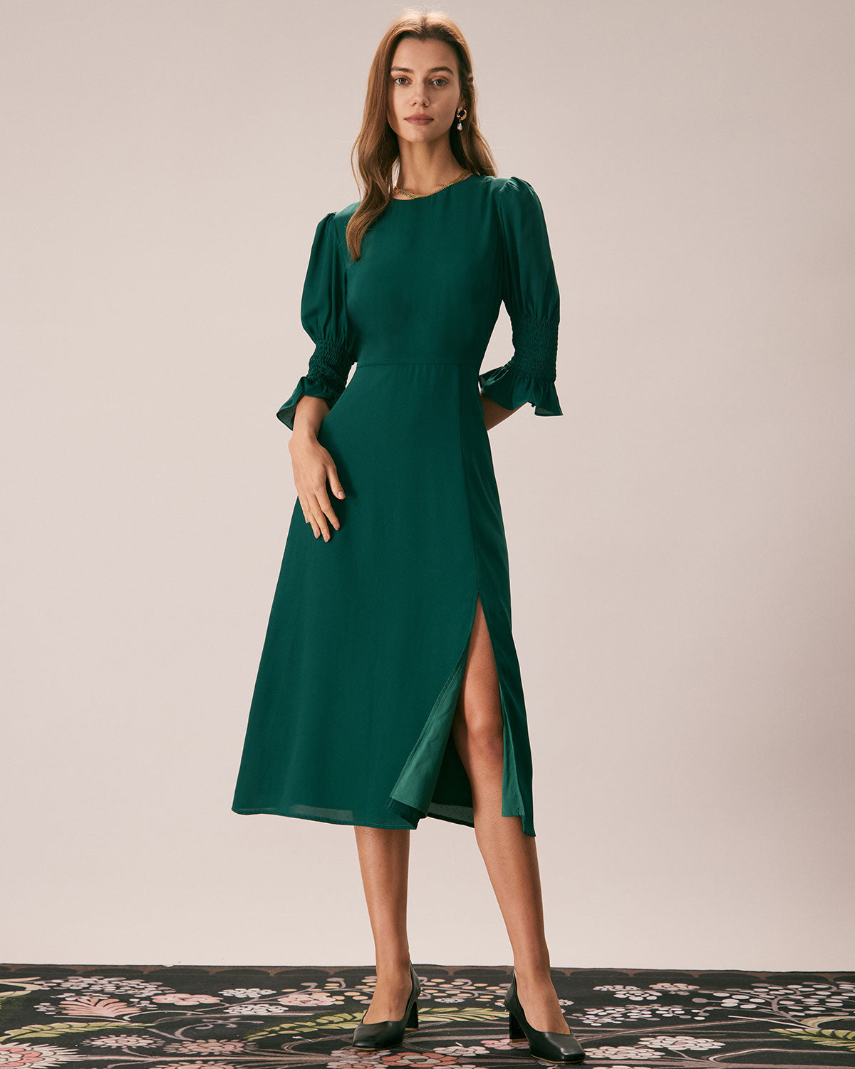 The Green Crew Neck Ruffle Slit Midi Dress