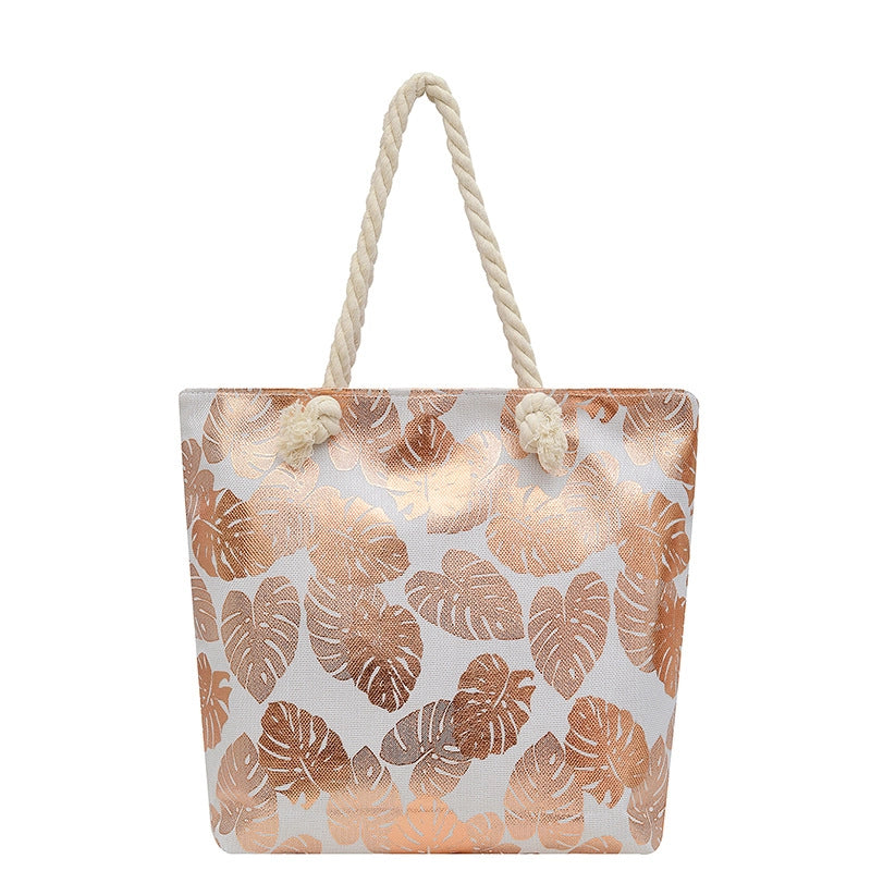 Women's Large Canvas Leaves Polka Dots Flamingo Streetwear Sewing Thread Square Zipper Tote Bag