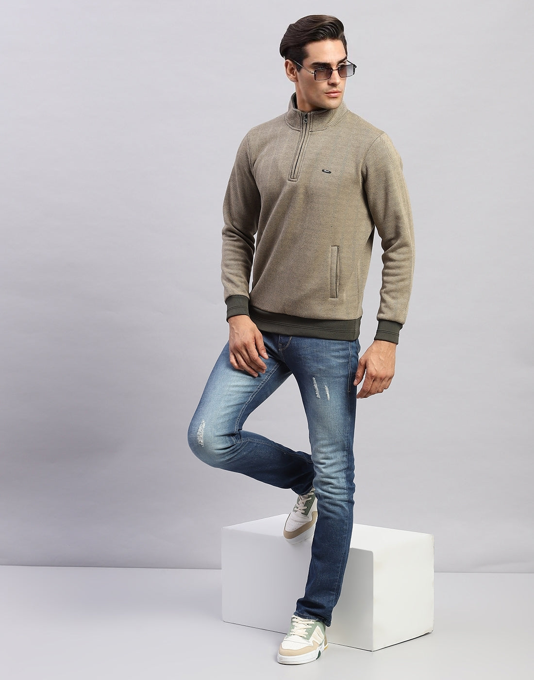 Men Olive Self Design Mock Neck Full Sleeve Sweatshirt