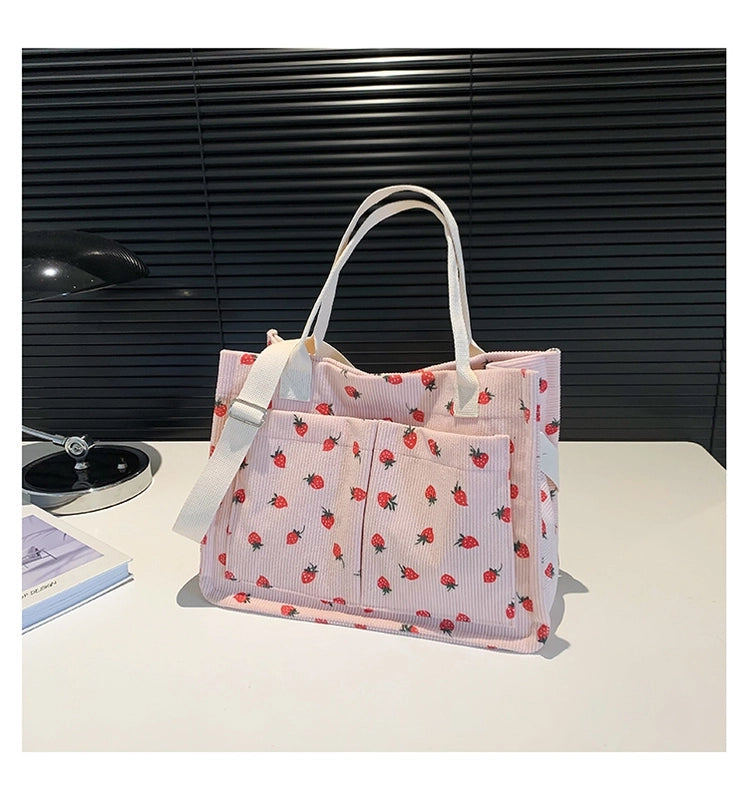 Women's Large Corduroy Solid Color Strawberry Basic Classic Style Square Zipper Tote Bag