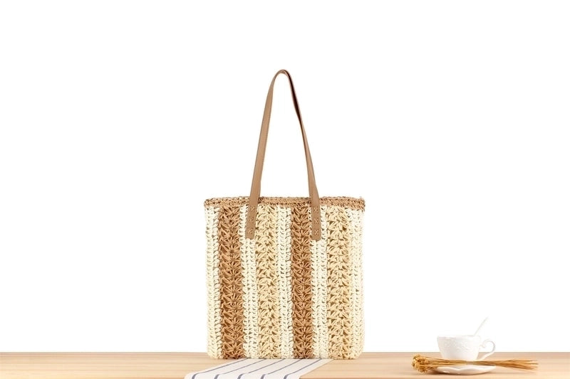 Women's Large Straw Color Block Vacation Zipper Straw Bag
