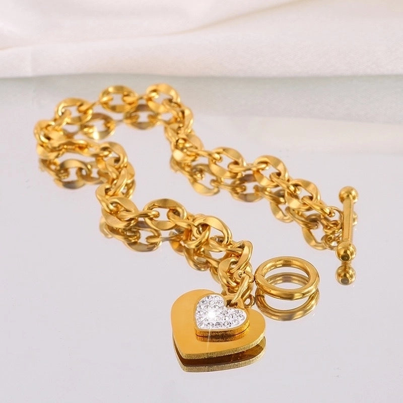 Luxurious Classic Style Shiny Heart Shape Titanium Steel 18K Gold Plated Artificial Rhinestones Bracelets In Bulk