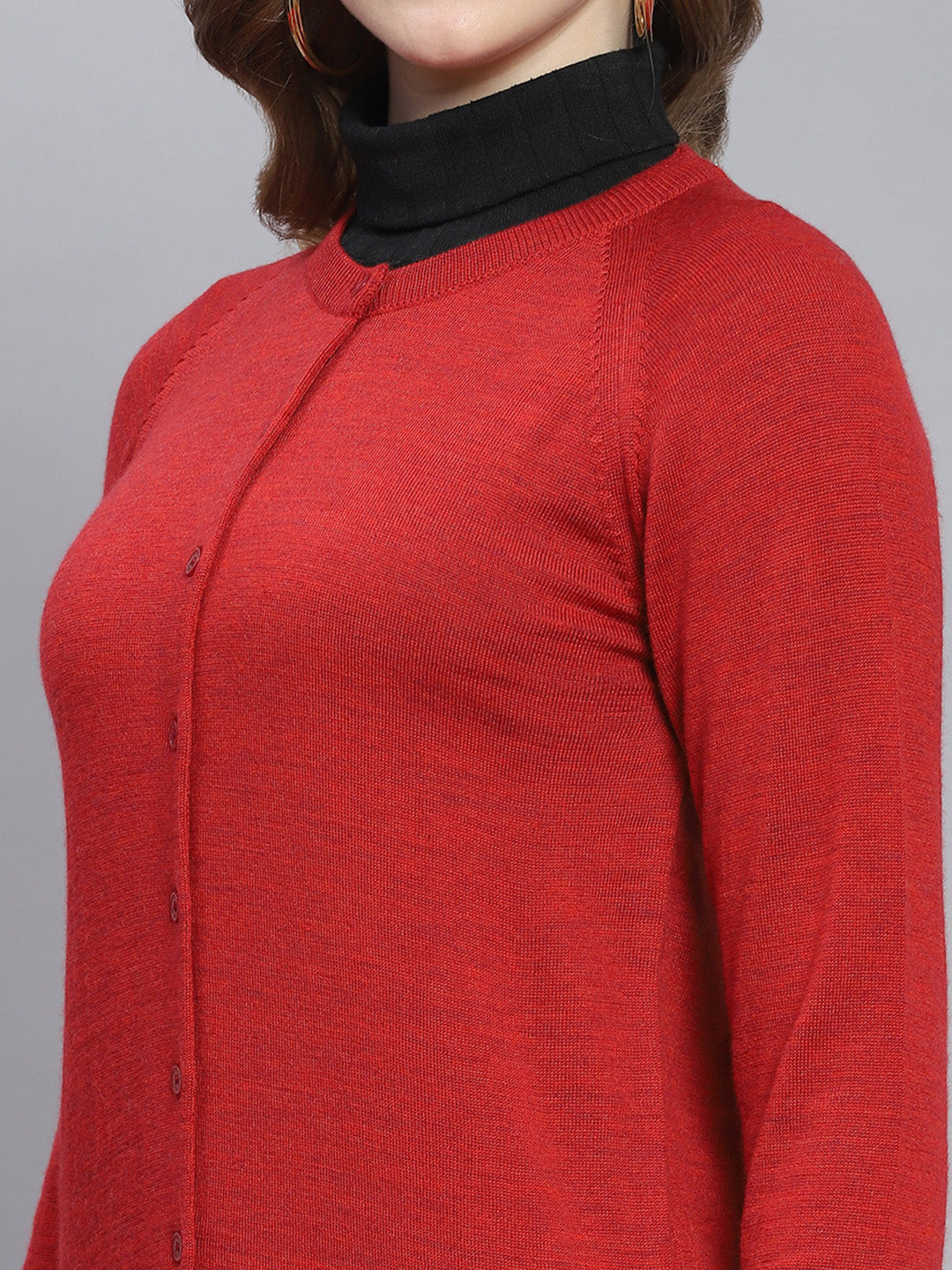 Women Red Solid Round Neck Full Sleeve Cardigans