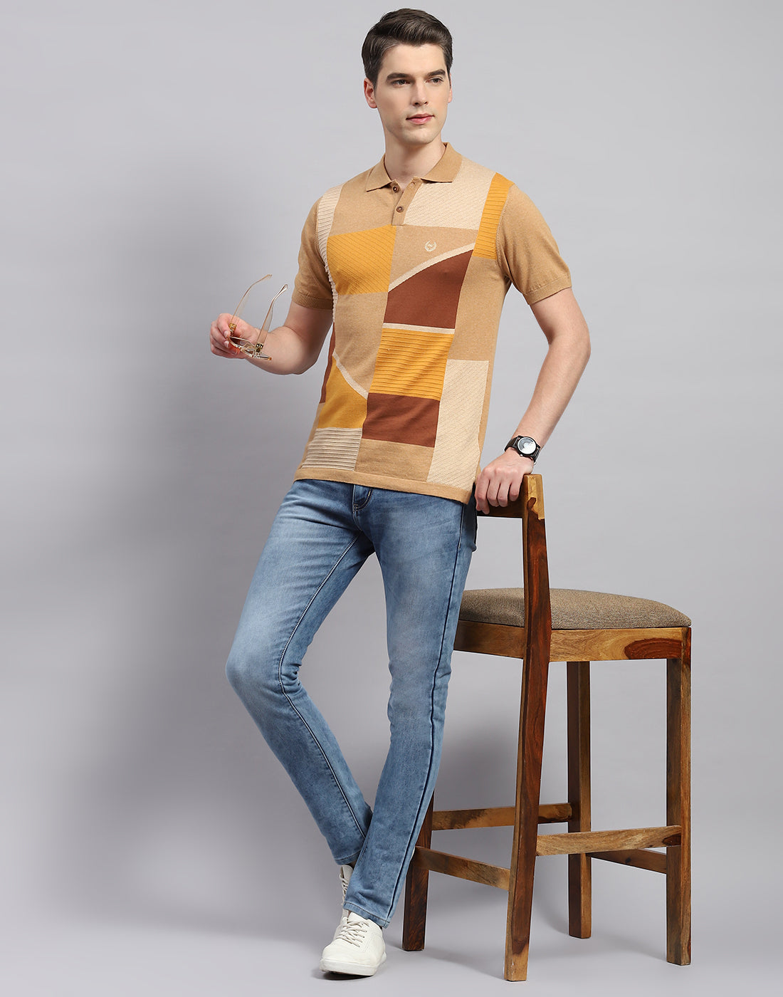 Men Camel Brown Stripe Polo Collar Half Sleeve T-Shirt