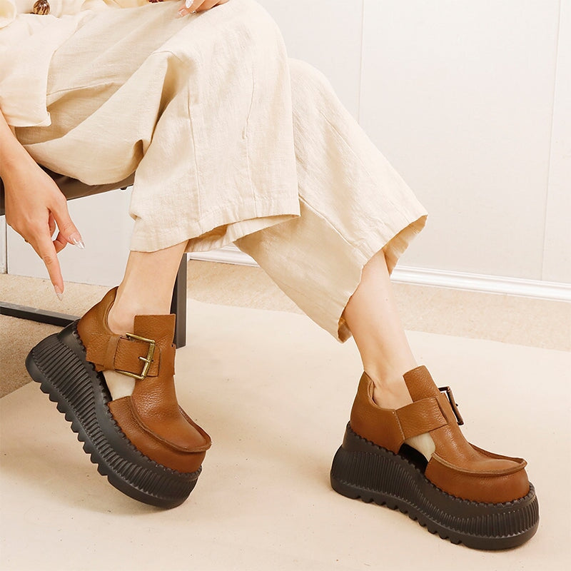 75mm Platform T-Straps Sandals Cowhide Mary Jane Shoes in Black/Light Brown