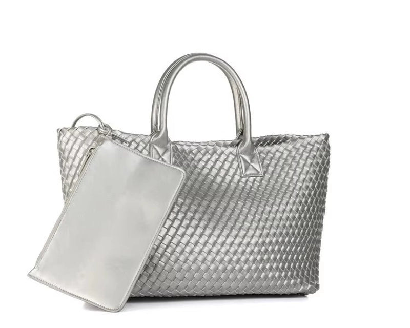 Women's Large Pu Leather Solid Color Streetwear Weave Square Open Tote Bag