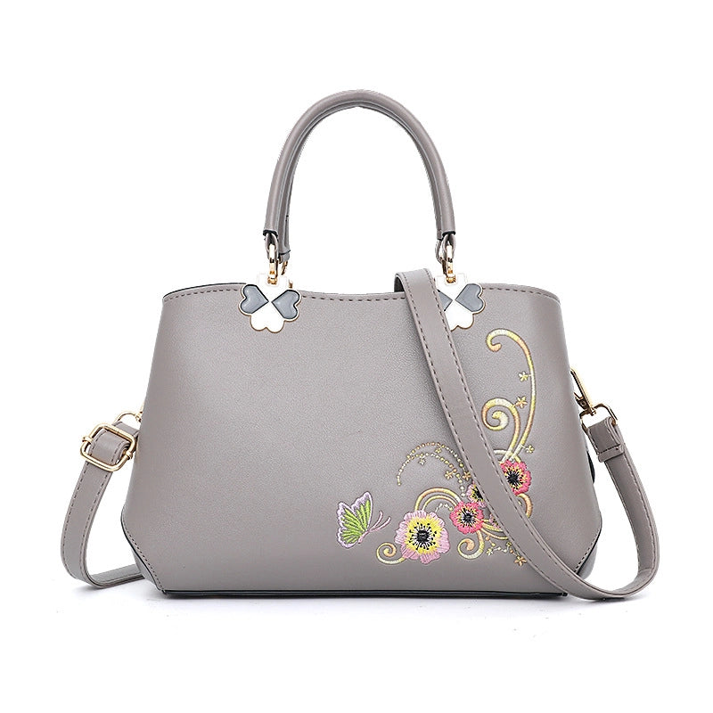 Women's Pu Leather Flower Bee Classic Style Sewing Thread Bucket Zipper Handbag Crossbody Bag