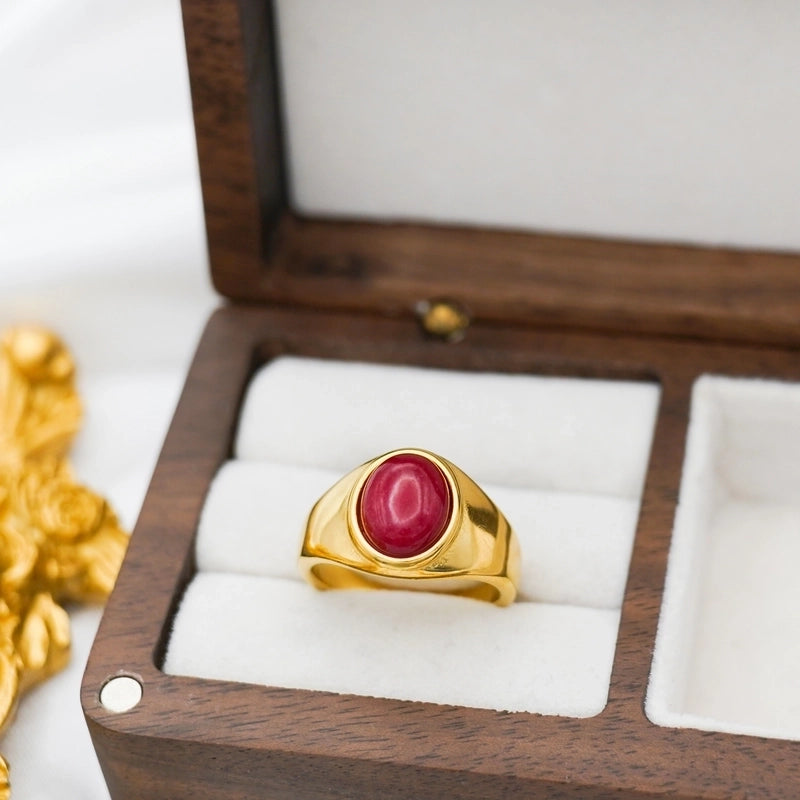 Retro Oval Stainless Steel Plating Inlay Agate 18k Gold Plated Rings