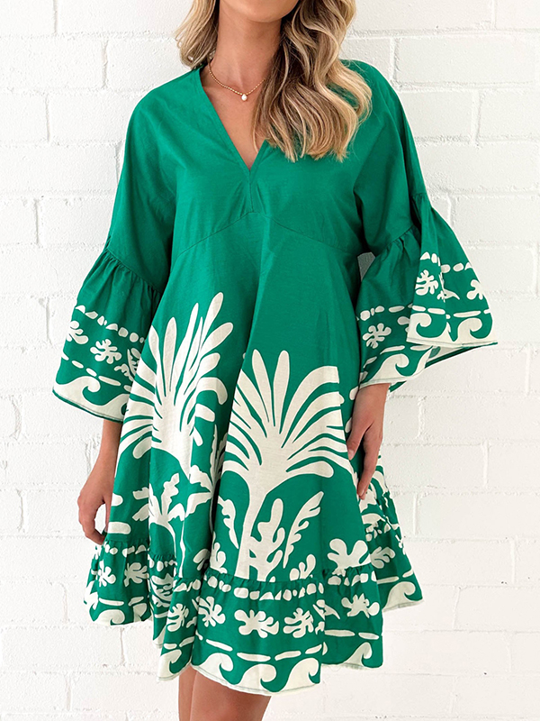 A-Line Flared Sleeves Flower Print Pleated Split-Joint V-Neck Mini Dresses